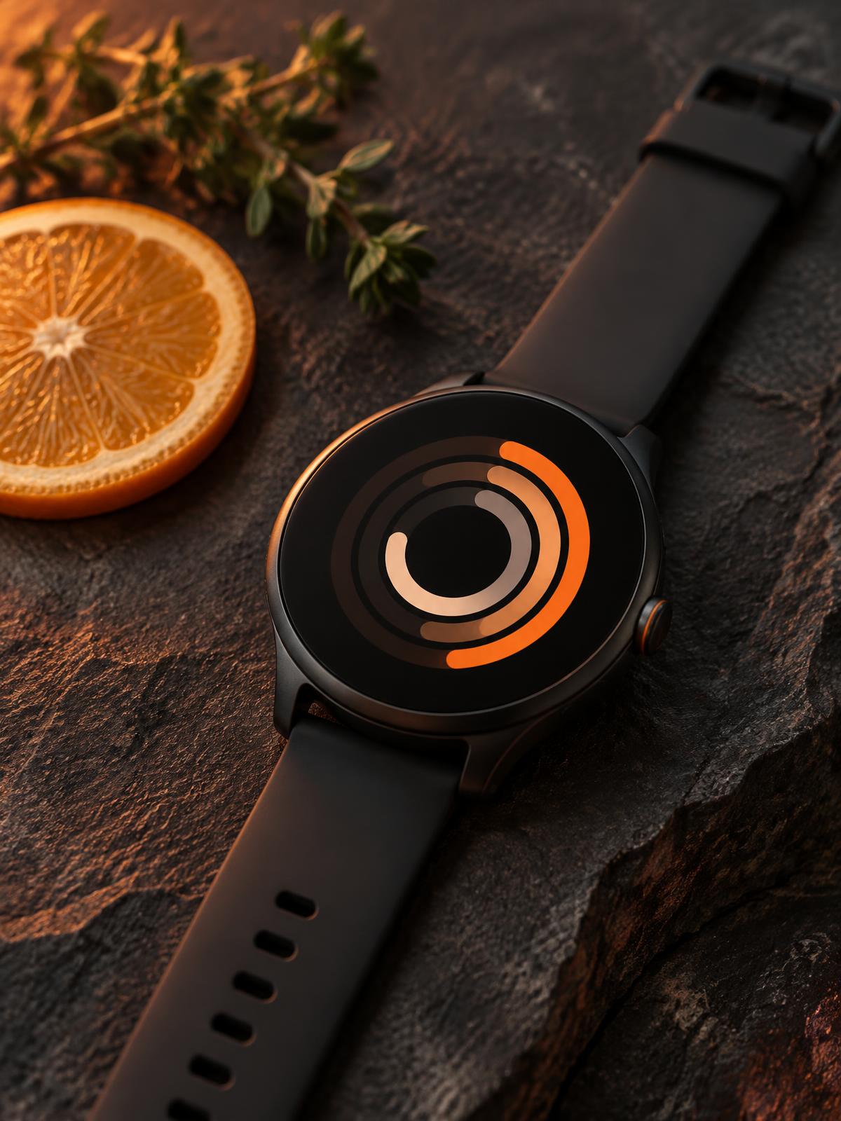 Smartwatch displaying abstract orange rings beside citrus and herbs