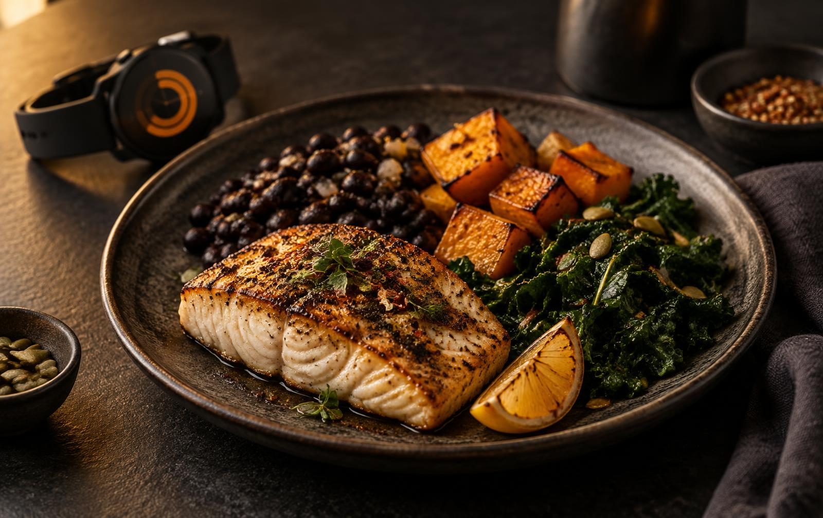 Illustrative plated fish, beans, squash and greens with a smartwatch nearby