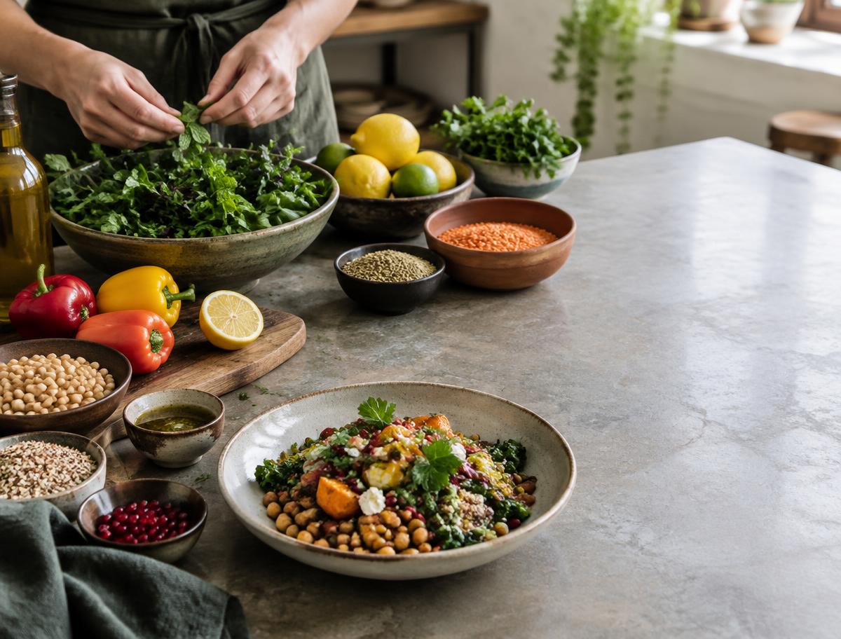 Fresh ingredients being prepared on a kitchen table